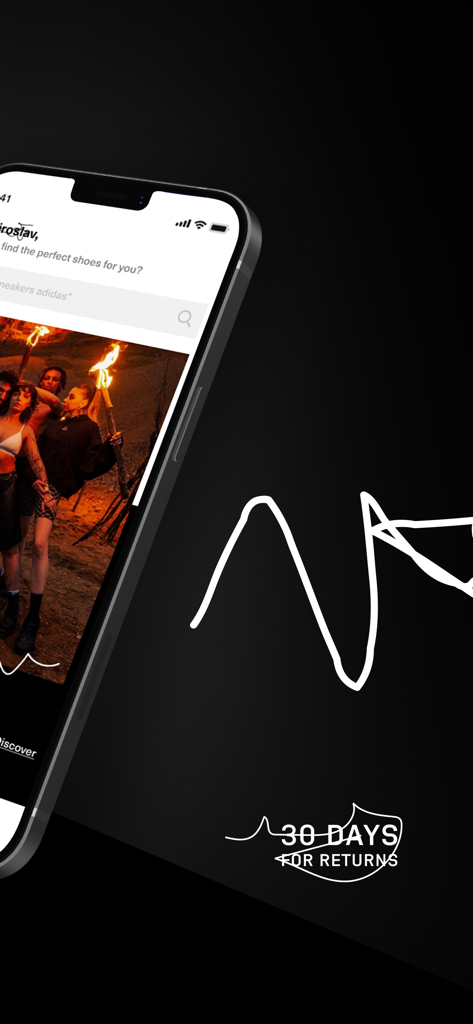 Footshop mobile app interface highlighting a 30 day return policy with streetwear lifestyle imagery