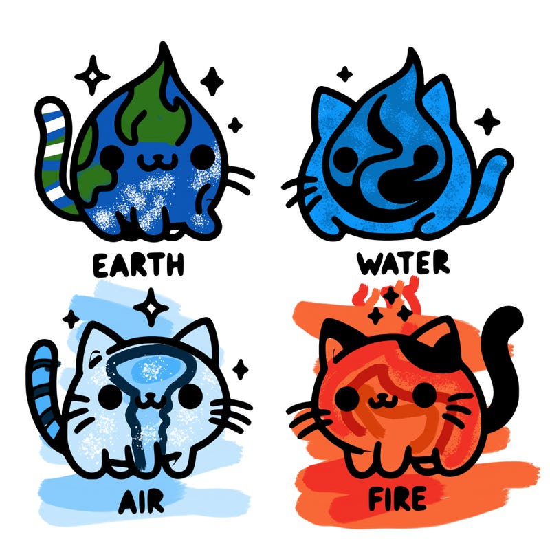 4 cats that represent the different elements, earth, water, air, and fire