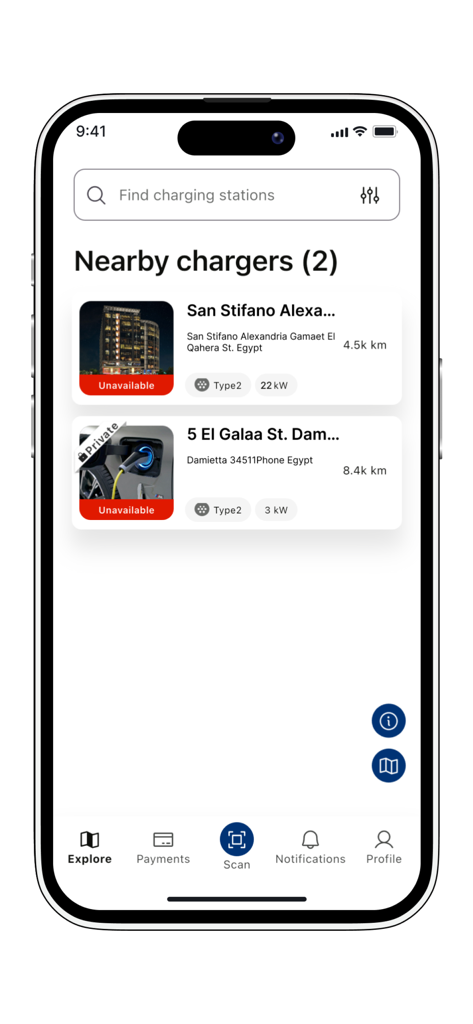 Electra By Raya - Pantalla móvil que muestra estaciones de carga de VE cercanas en la aplicación Electra By Raya.
