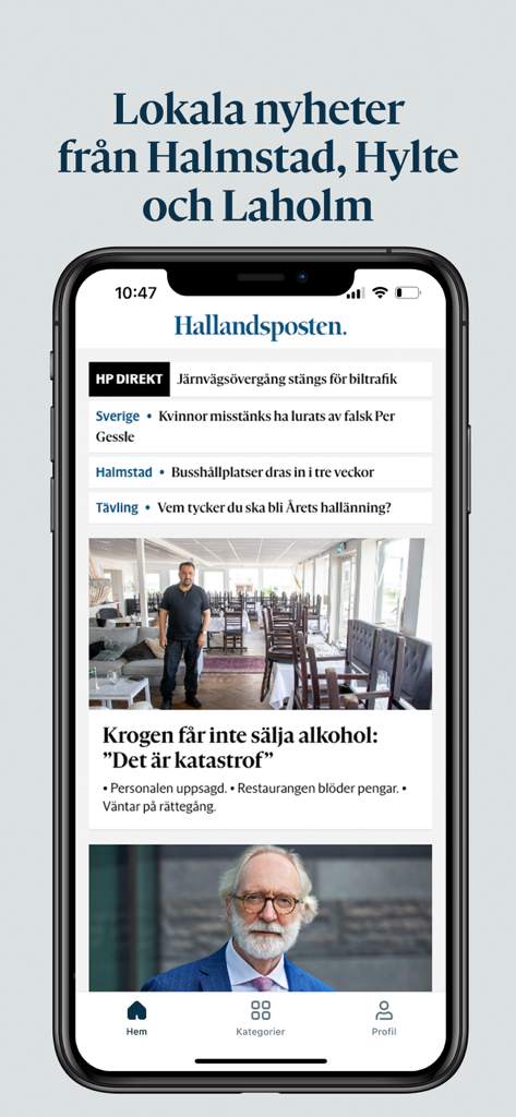 Aplicación de noticias móviles Hallandsposten que muestra titulares locales de Halmstad Hylte y Laholm