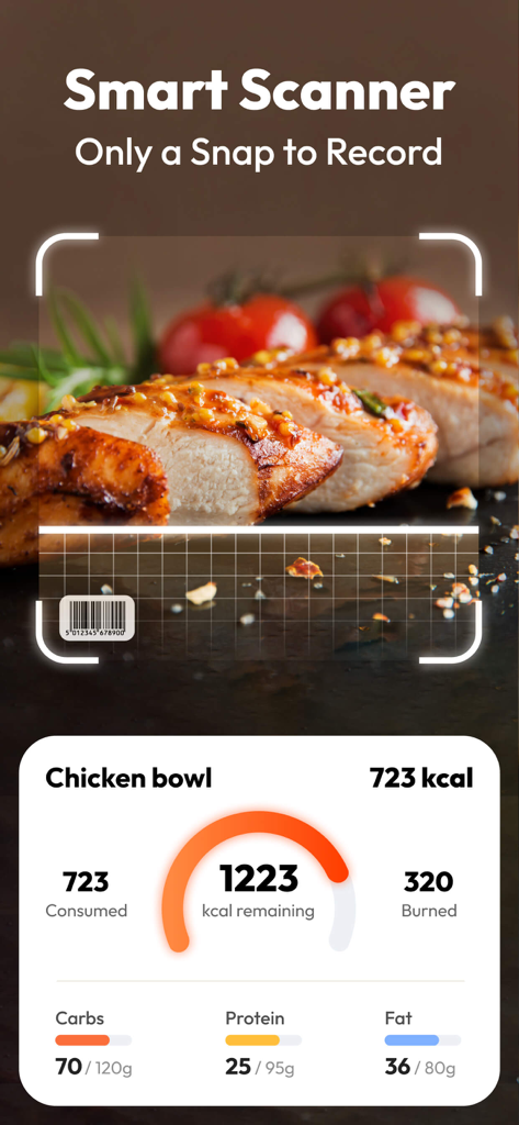 Calorie Pal - Macro Tracker - Mobile app interface showing a smart food scanner identifying a chicken bowl with detailed calorie and macro tracking information