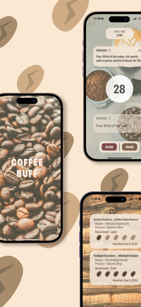 Coffee Buff - Capturas de pantalla de la aplicación Coffee Buff que muestran el temporizador de preparación de café y los registros de la colección de granos
