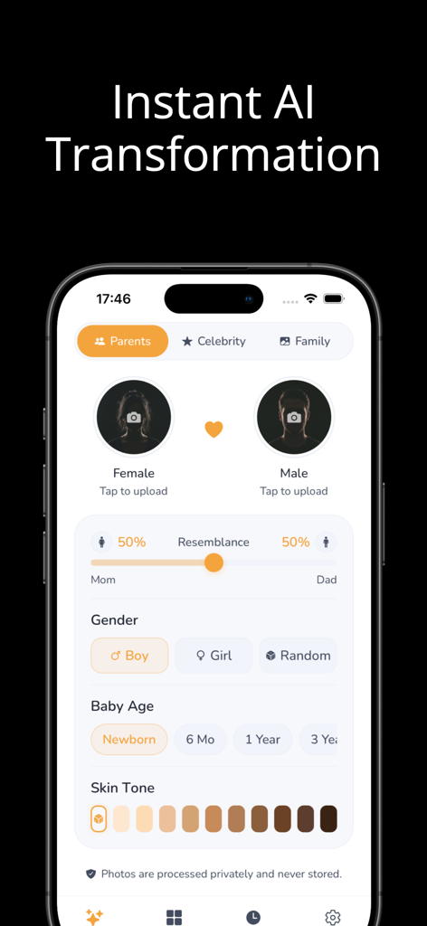 AI Baby Face Generator - Labs - Interfaz de smartphone de la aplicación Generador de Caras de Bebé IA que muestra opciones para subir fotos de los padres y personalizar rasgos del bebé como género y edad