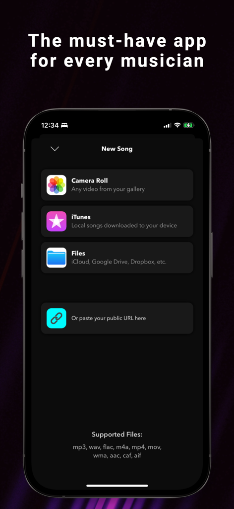 Splitteroo app interface showing song import sources including Camera Roll iTunes and cloud files