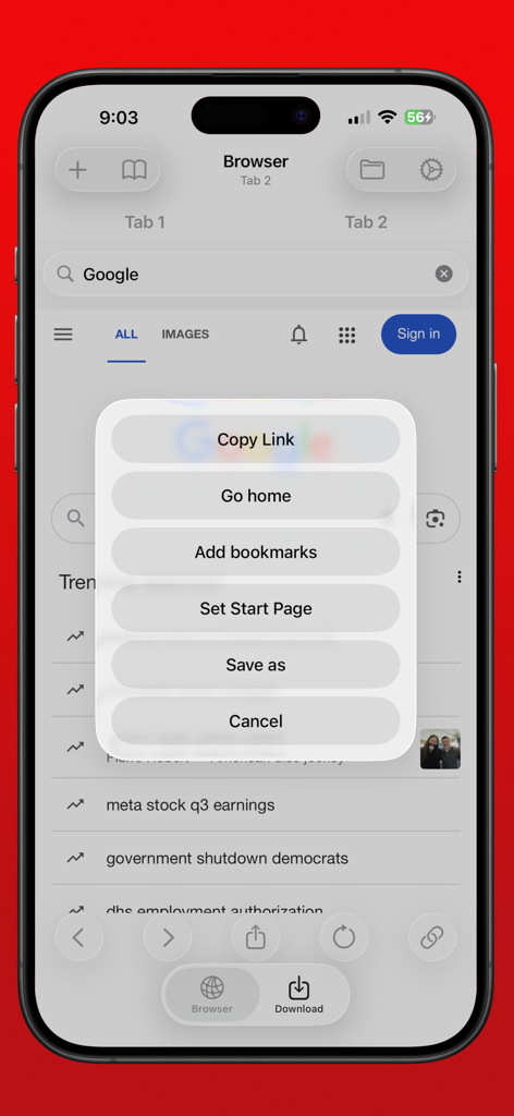 iPhone-Bildschirm von eBrowser, der ein Menü mit Optionen wie Link kopieren und Speichern unter anzeigt.
