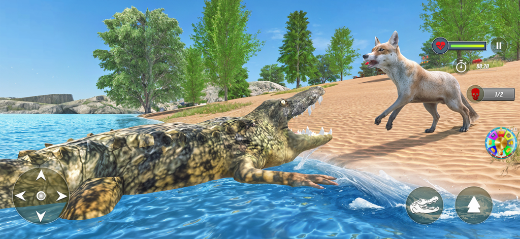 Wild Animals Crocodile Games - A 3D crocodile emerging from the water to hunt a wolf on a sandy beach.