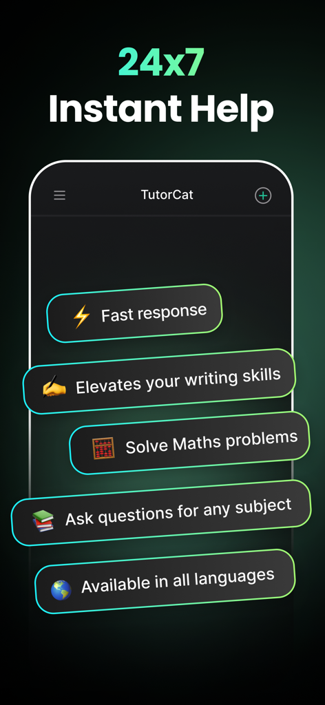 TutorCat - AI Homework Help - TutorCat app interface showing 24x7 instant help features for math writing and all subjects