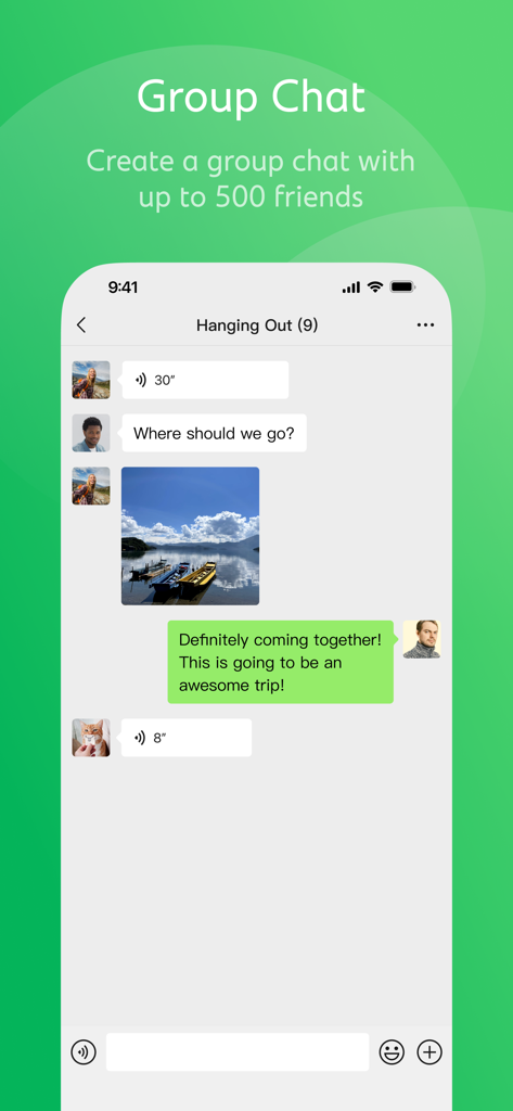A screenshot of the WeChat group chat interface showing messages, voice notes, and a shared photo.