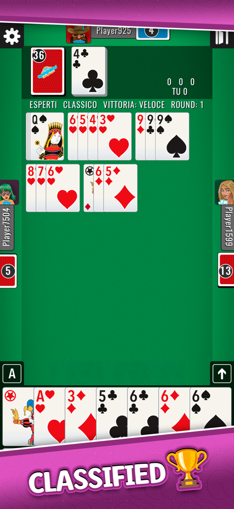 Scala 40 Più - Card Games - Scala 40 card game online multiplayer gameplay interface showing cards on a green table and player avatars