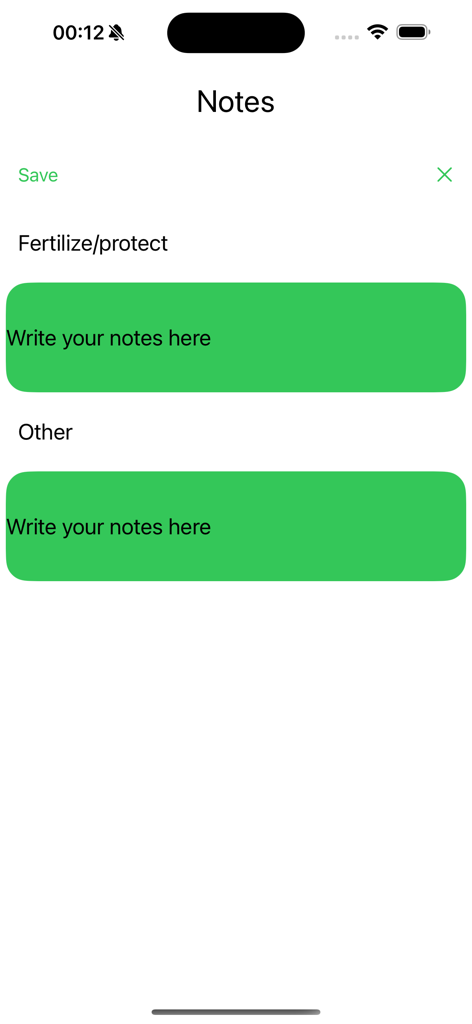 My garden journal - Notes entry screen in My garden journal app with sections for fertilizing and plant protection
