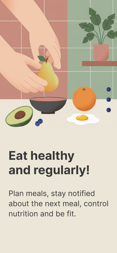 Meal Reminder - MealNow - Minimalist illustration of hands holding a pear among healthy food items with text about eating regularly