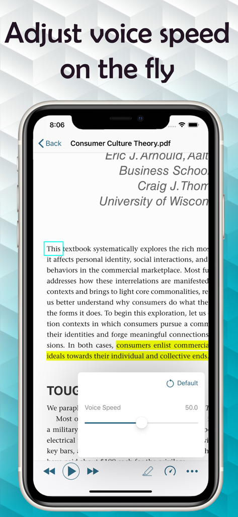 Text to Speech PDF Reader - TTS PDFリーダーアプリで音声速度調整スライダー付きのPDF文書を表示するiPhone画面
