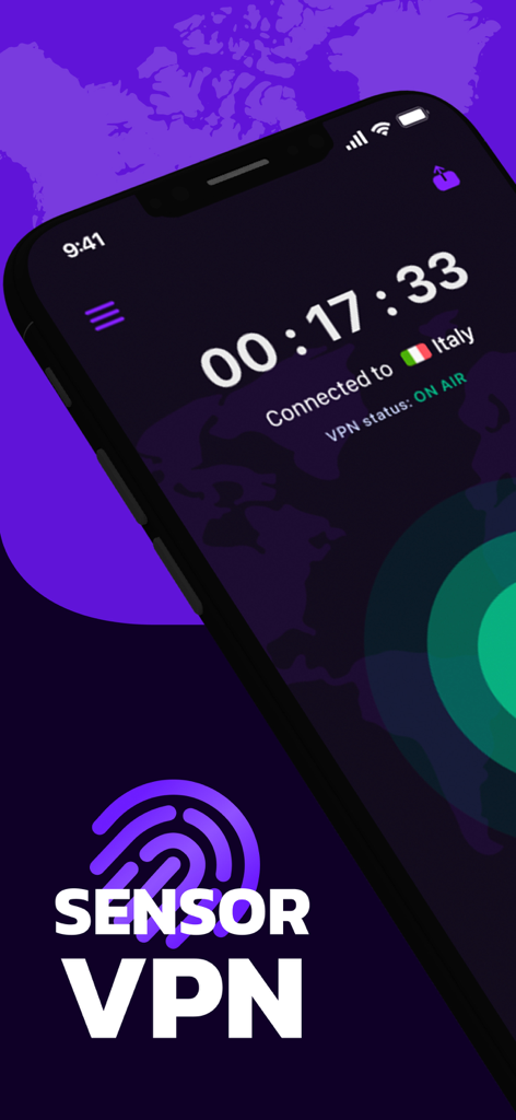 Sensor VPN mobile app interface showing connection status to a server in Italy