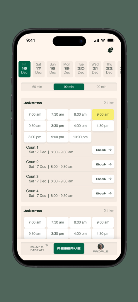 Ace Padel Club - Pantalla de la aplicación móvil que muestra el sistema de programación y reserva de pistas de Ace Padel Club en Yakarta con franjas horarias disponibles.