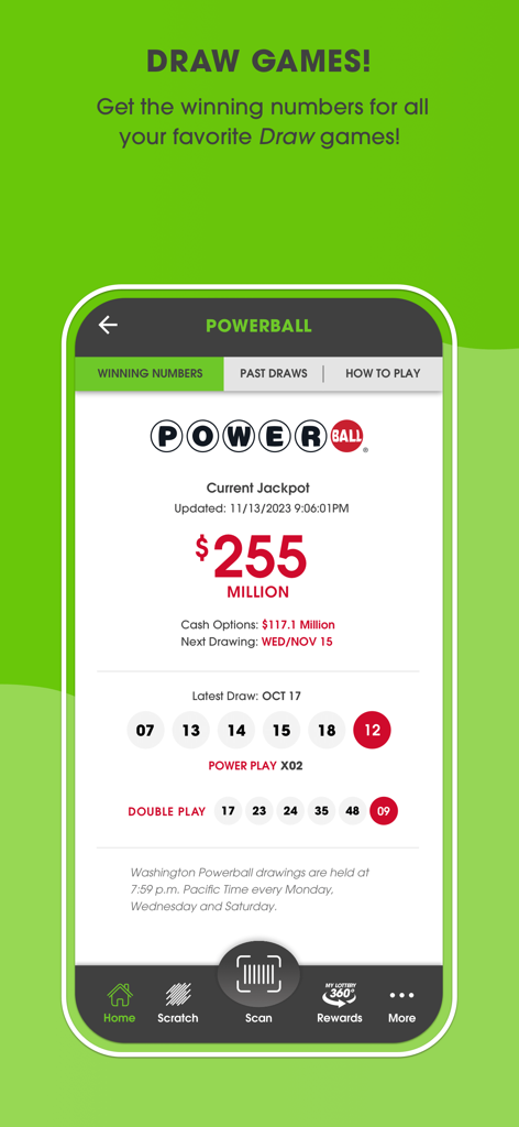 The Washington's Lottery app showing the Powerball jackpot amount and winning numbers.