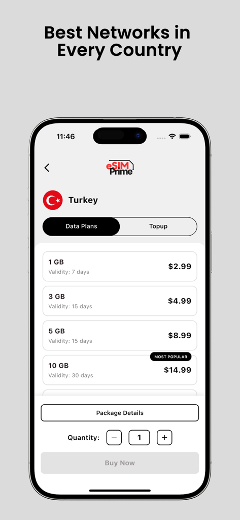 Interfaz de la aplicación eSIM Prime que muestra planes de datos prepagos asequibles para Turquía en un iPhone