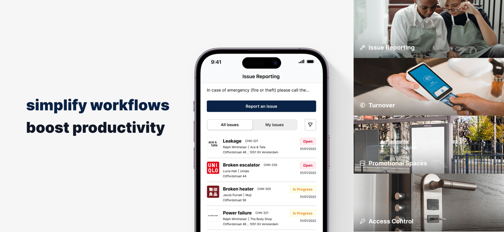 Greystar Europe - Greystar Europe app interface showing issue reporting and property management features