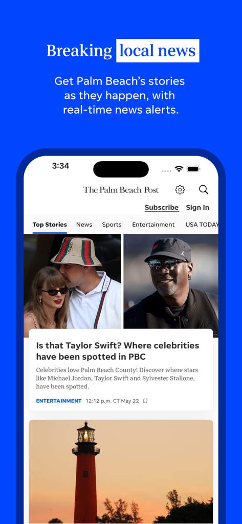 Screenshot of the Palm Beach Post mobile app showing local news alerts and celebrity sightings in Palm Beach County