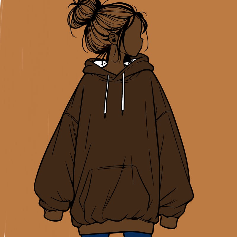 realistic girl with a oversized sweatshirt on and a bun