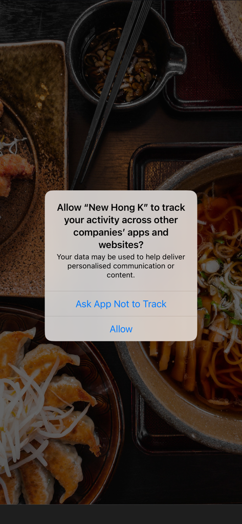 iOS tracking permission prompt for the New Hong Kong Montrose food delivery app