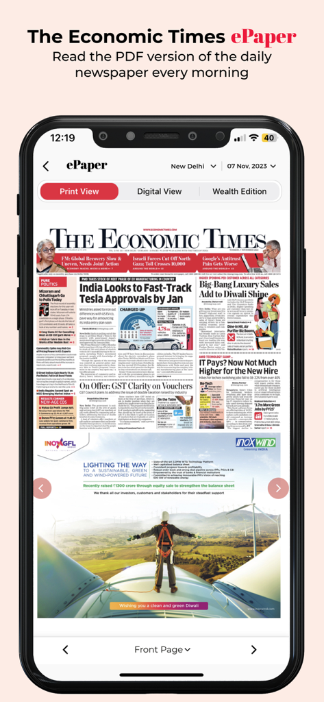 ET Markets - The Economic Times ePaper interface showing the front page of the digital newspaper on a smartphone.