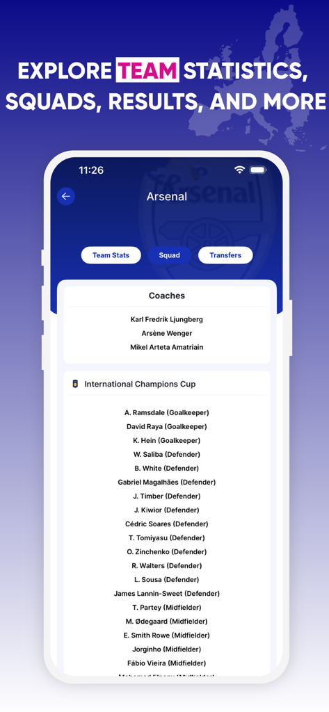 Lista della squadra e degli allenatori dell'Arsenal nell'app Drama live Kora Soccer Plus.