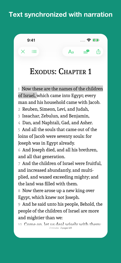 Christian Classics Books - Oberfläche der App Christliche Klassiker Bücher, die Exodus Kapitel 1 mit hervorgehobenem Text zeigt, synchronisiert mit professioneller Erzählung