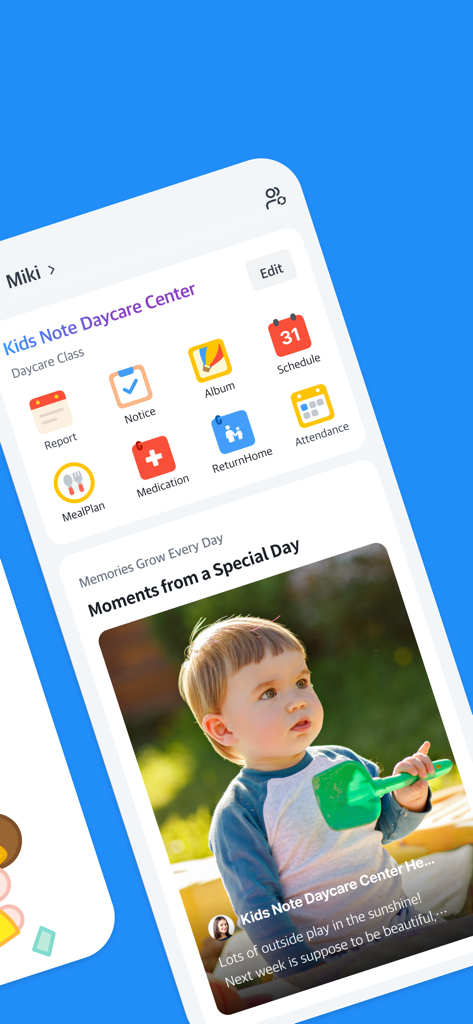 Kids Note - Dashboard dell'app Kids Note che mostra icone di gestione dell'asilo e un bambino che gioca all'aperto