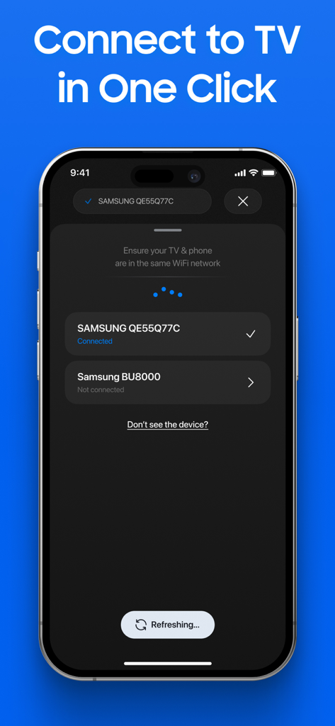 Pantalla de iPhone que muestra el menú de conexión para una aplicación de control remoto de Samsung Smart TV.