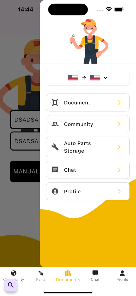 KPARTS - Auto Parts Catalogs - Main menu of the KPARTS app displaying options for documents community auto parts storage chat and user profile