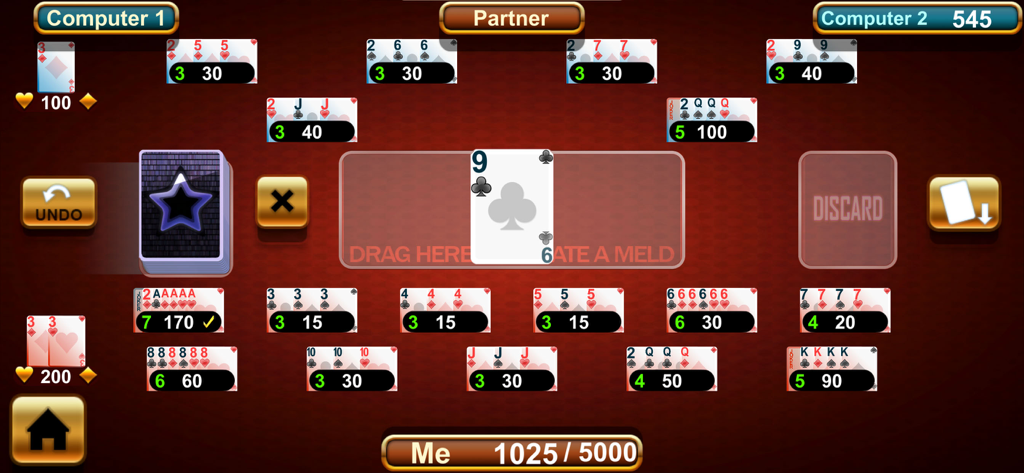 Canasta classic Royale Offline - Gameplay of Canasta classic Royale showing card melds and score on a red table