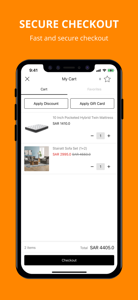 Ashley Homestore - La interfaz del carrito de compras de la aplicación Ashley Homestore con artículos de muebles y un botón de pago seguro.