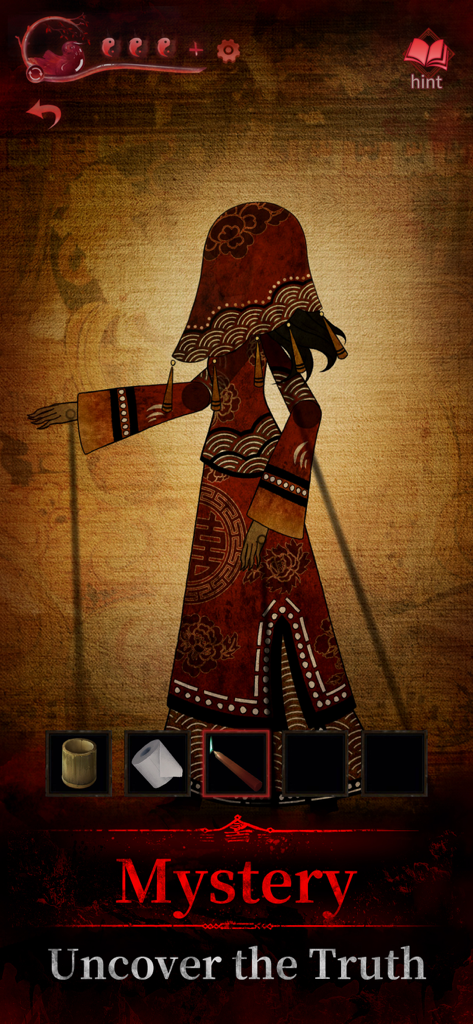 Silhouette of a character in traditional Chinese wedding attire from the mystery puzzle game Paper Bride 3