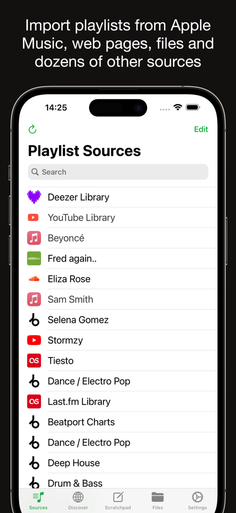 Playlisty for Spotify app screen showing various music sources like YouTube and Deezer for playlist transfer