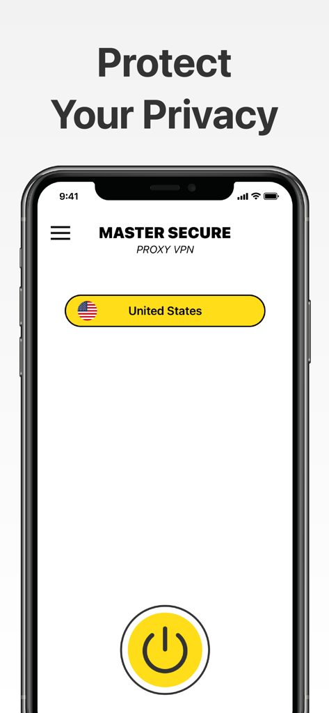 Master Secure VPN - Master Secure VPN app interface showing a United States server selection and a large connect button.
