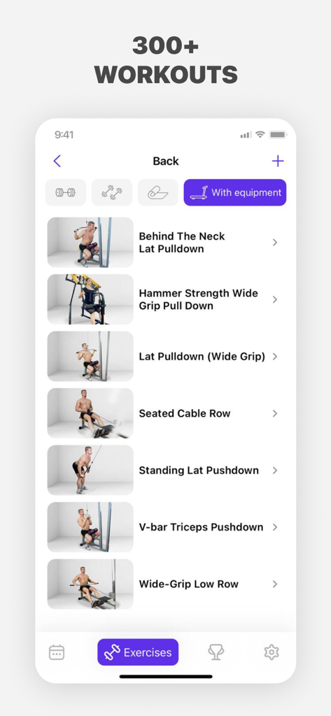 A mobile app interface showing a library of back exercises with instructional video previews and gym equipment filters