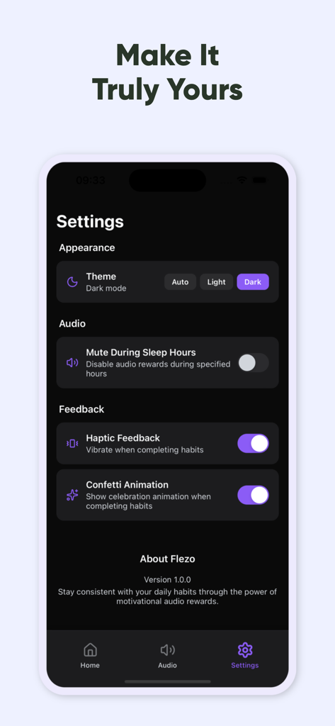 Écran des paramètres du tracker d'habitudes Rodjo avec le mode sombre et les options de retour audio