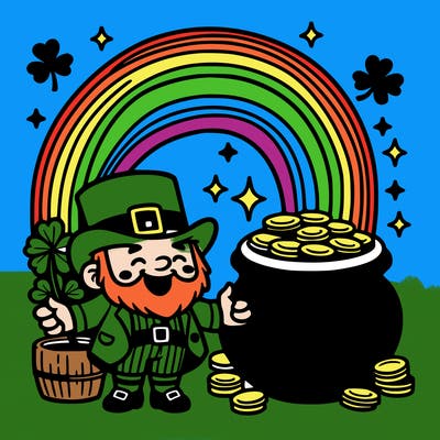 st patrick day with rainbow and gold with leprechaun