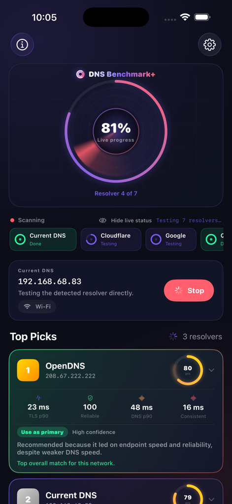 DNS Benchmark+ - DNS Benchmark plus app interface showing live scanning progress and top ranked network resolvers with performance metrics