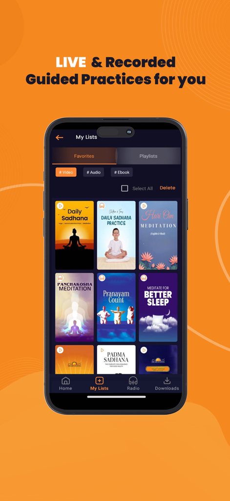 Art of Living: Meditation,Yoga - Pantalla de smartphone mostrando la interfaz de la aplicación El Arte de Vivir con una lista personalizada de prácticas de meditación y yoga guiadas