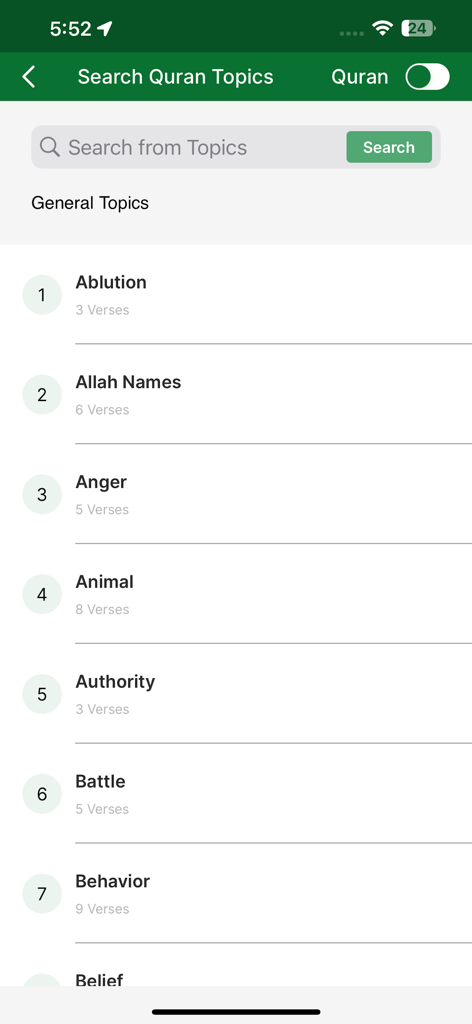 Full Quran Sharif Offline App - A mobile app screen showing a list of searchable Quranic topics including Ablution, Allah Names, and Behavior.