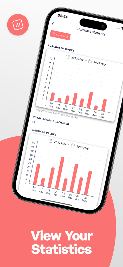 Mobile app screen showing bar charts for book purchase frequency and total spending values over a year.