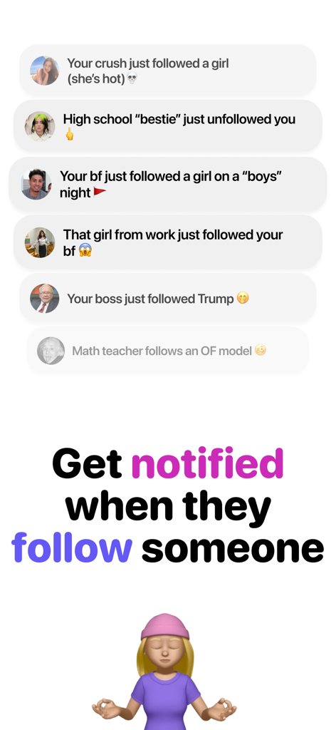 Katch: Recent Follow Tracker - Una serie de notificaciones de ejemplo de redes sociales de la aplicación Katch que muestran cuándo personas como un 'crush', novio o jefe siguen o dejan de seguir a alguien.