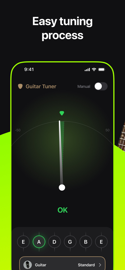 Guitar Tuner + Ukulele & Bass - Interfaz de aplicación de afinador de guitarra que muestra el proceso de afinación fácil con un medidor de aguja y notas de cuerdas