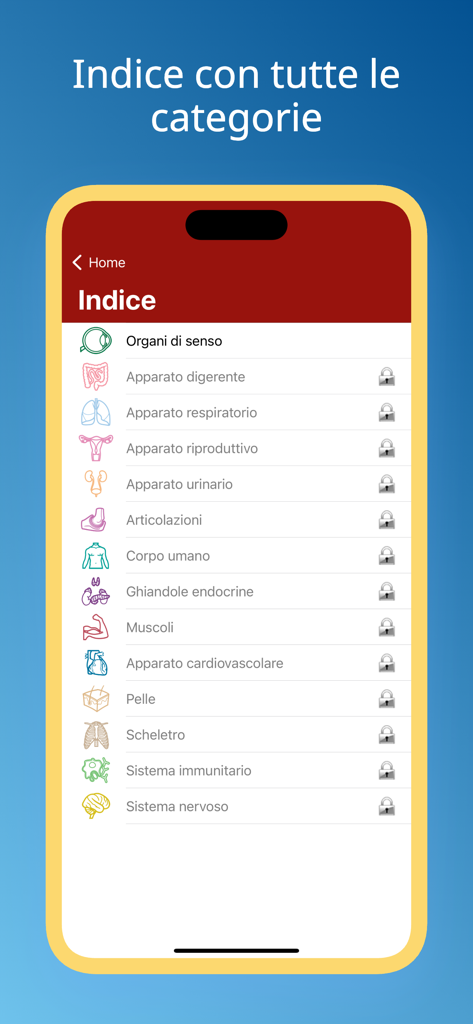 Atlante di Anatomia-Sezioni - Atlante di Anatomiaアプリの解剖学的セクションの目次。利用可能なカテゴリのリストが表示されています。