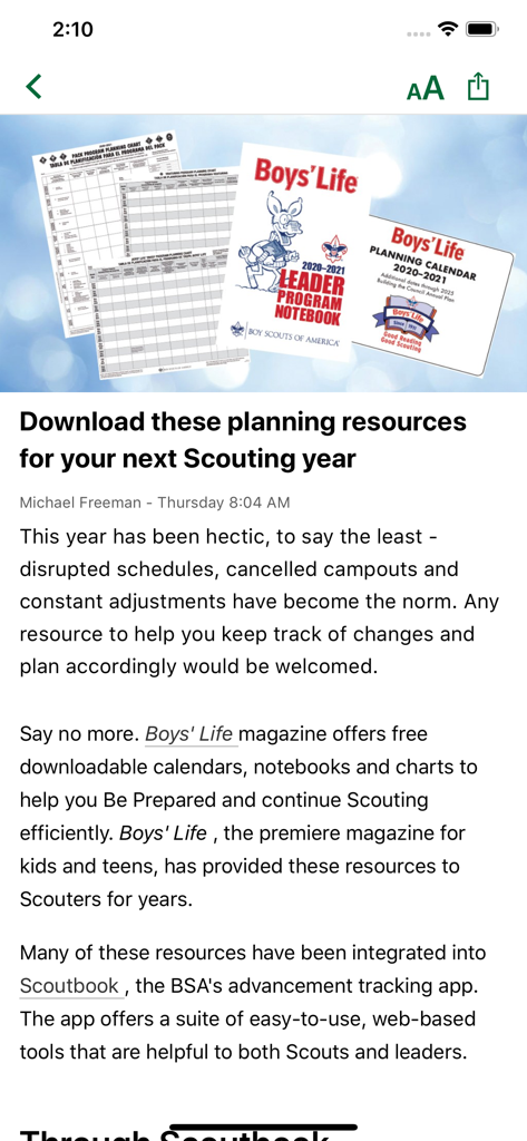 Article in the Scouting Magazine app featuring downloadable planning resources and notebooks for BSA volunteers.