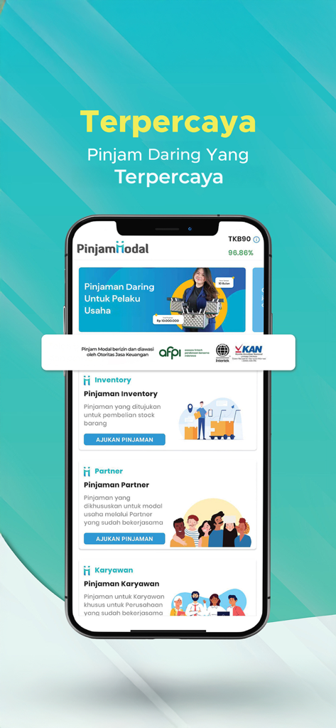 Pinjam Modal - Pinjam Modal mobile app interface displaying various online loan products for entrepreneurs and employees