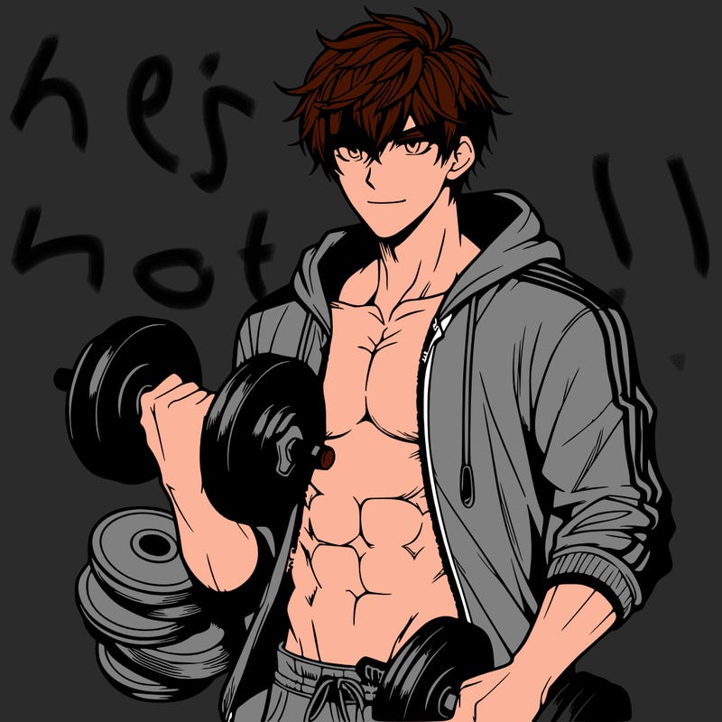 handsome muscular guy with hoodie anime holding dumbbells