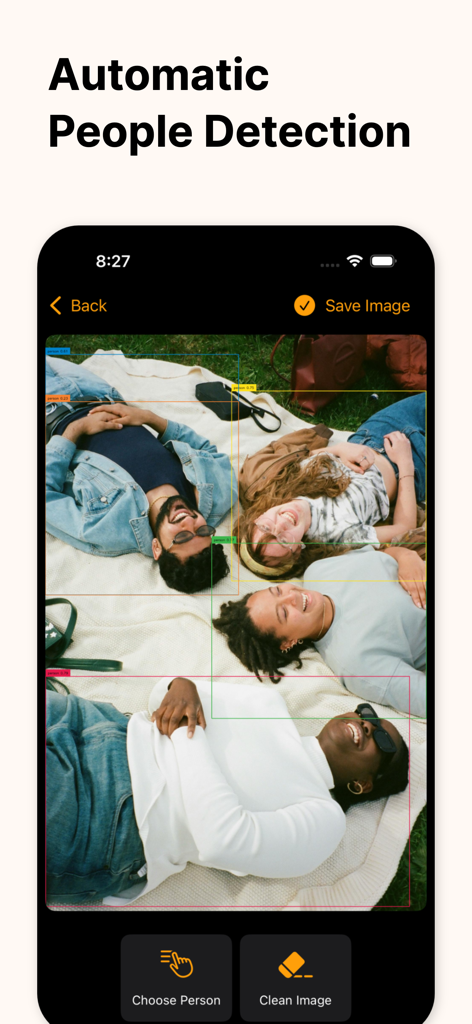 Remove people from photos - Interface do aplicativo demonstrando detecção de IA de pessoas em uma foto para fácil remoção