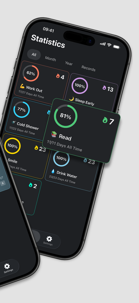 HabitGlass: Habit Tracker - HabitGlass app statistics dashboard showing habit completion rings and streak counts in dark mode